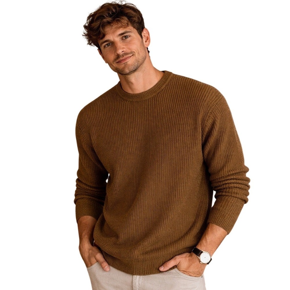 Samuel Windsor Sweater Camel‎ Brown Ribbed Wool Cotton Knit - XXL